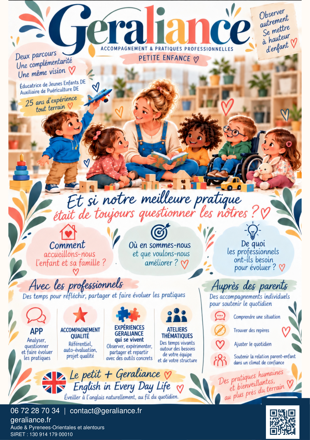 Flyer Geraliance complet : accompagnement des professionnels et des parents, ateliers et éveil à l’anglais.